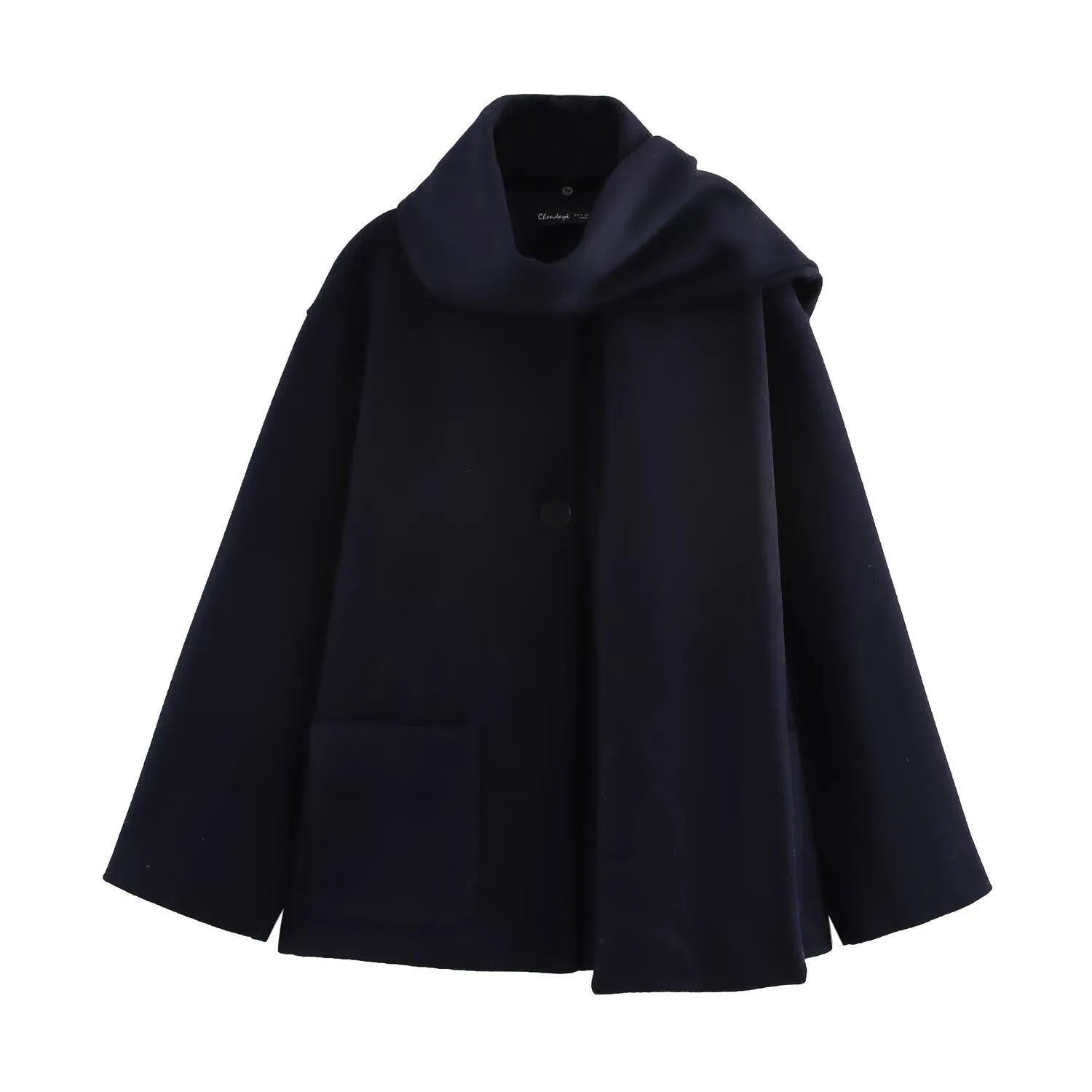 Women's long coat with artificial fur collar in polyester fabric, street fashion style with pockets