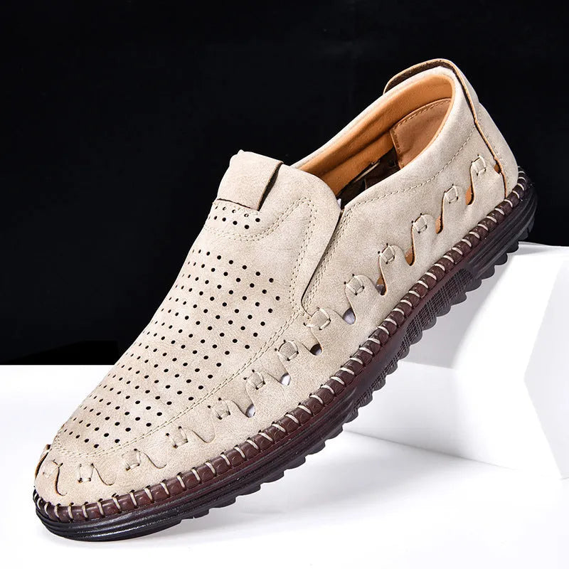 Men's brown casual slip-on leather shoes with round toe and flat sole.