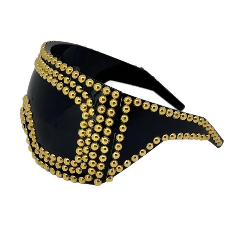Men's large square frame punk sunglasses in silver and gold colours with rivet details