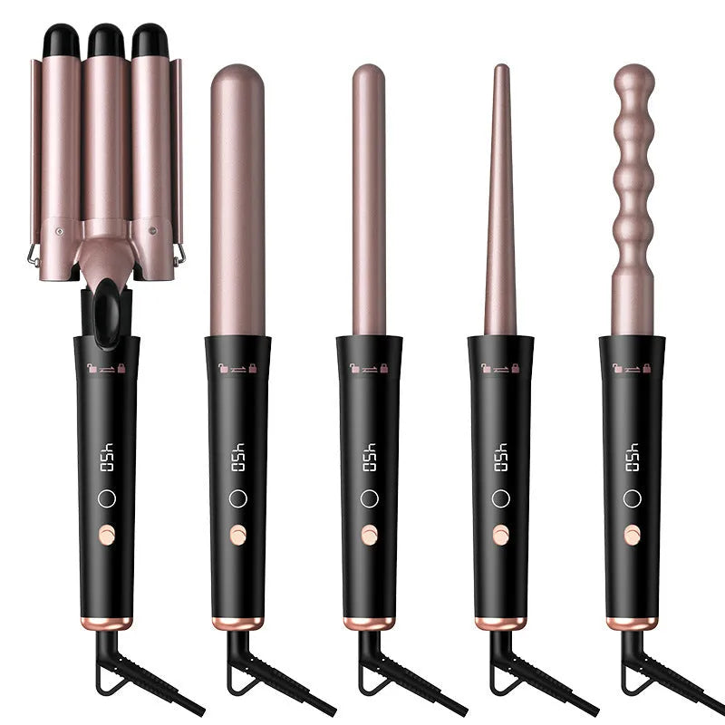 Rose gold five-barrel interchangeable hair curler with LCD screen and protective gloves