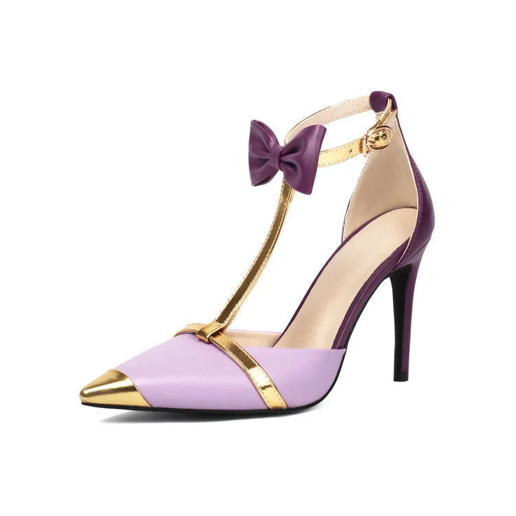 Purple and white plus size women's high heel sandals with closed toe and buckle strap.