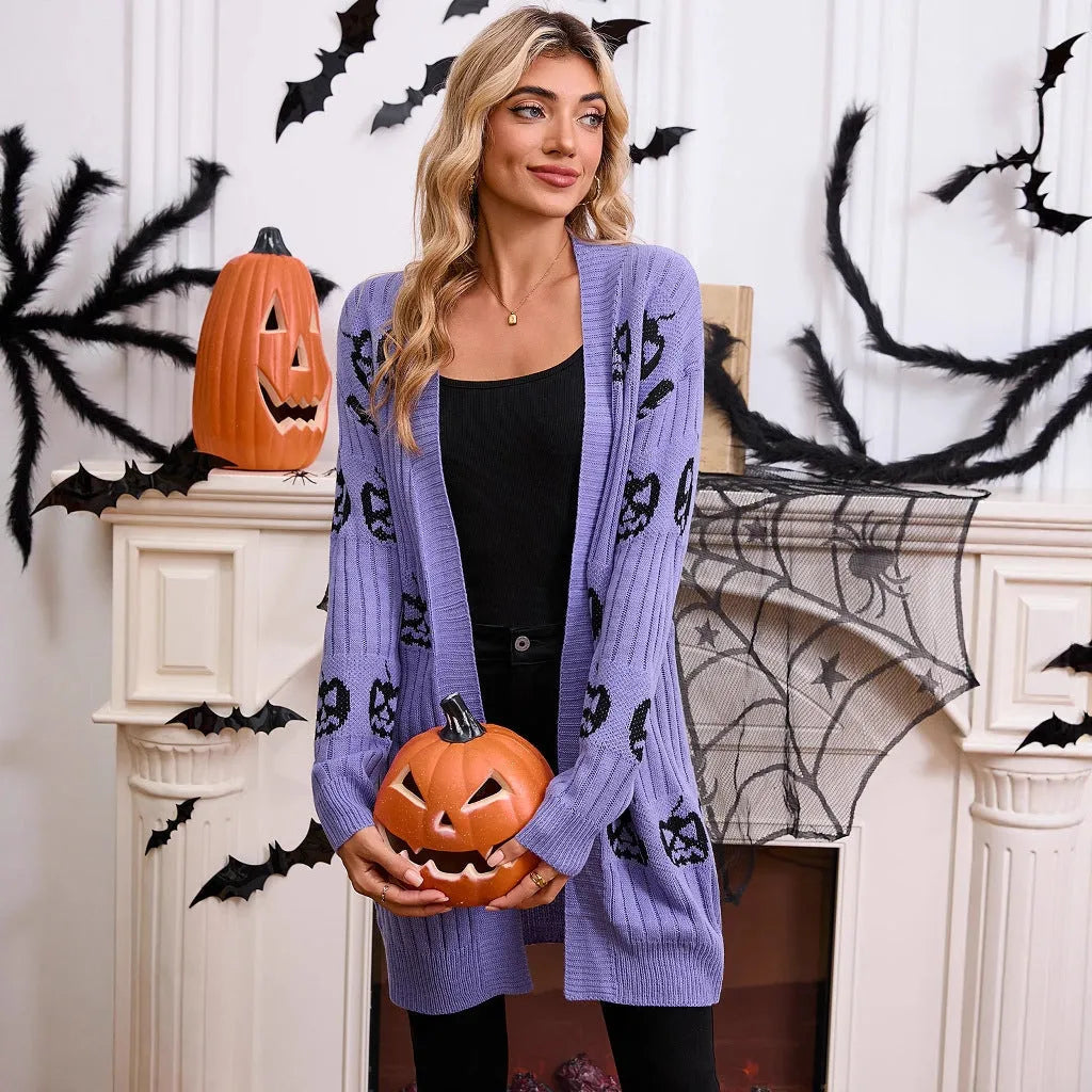 Women's black Halloween cardigan with orange and purple jacquard knitted pumpkin head pattern