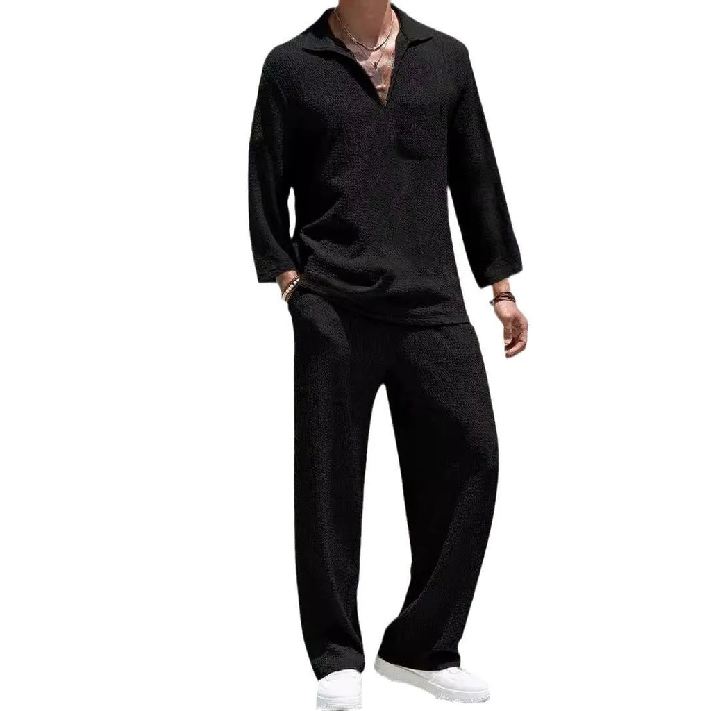 Men's casual commuter suit with shirt-style jacket and matching trousers in polyester fabric