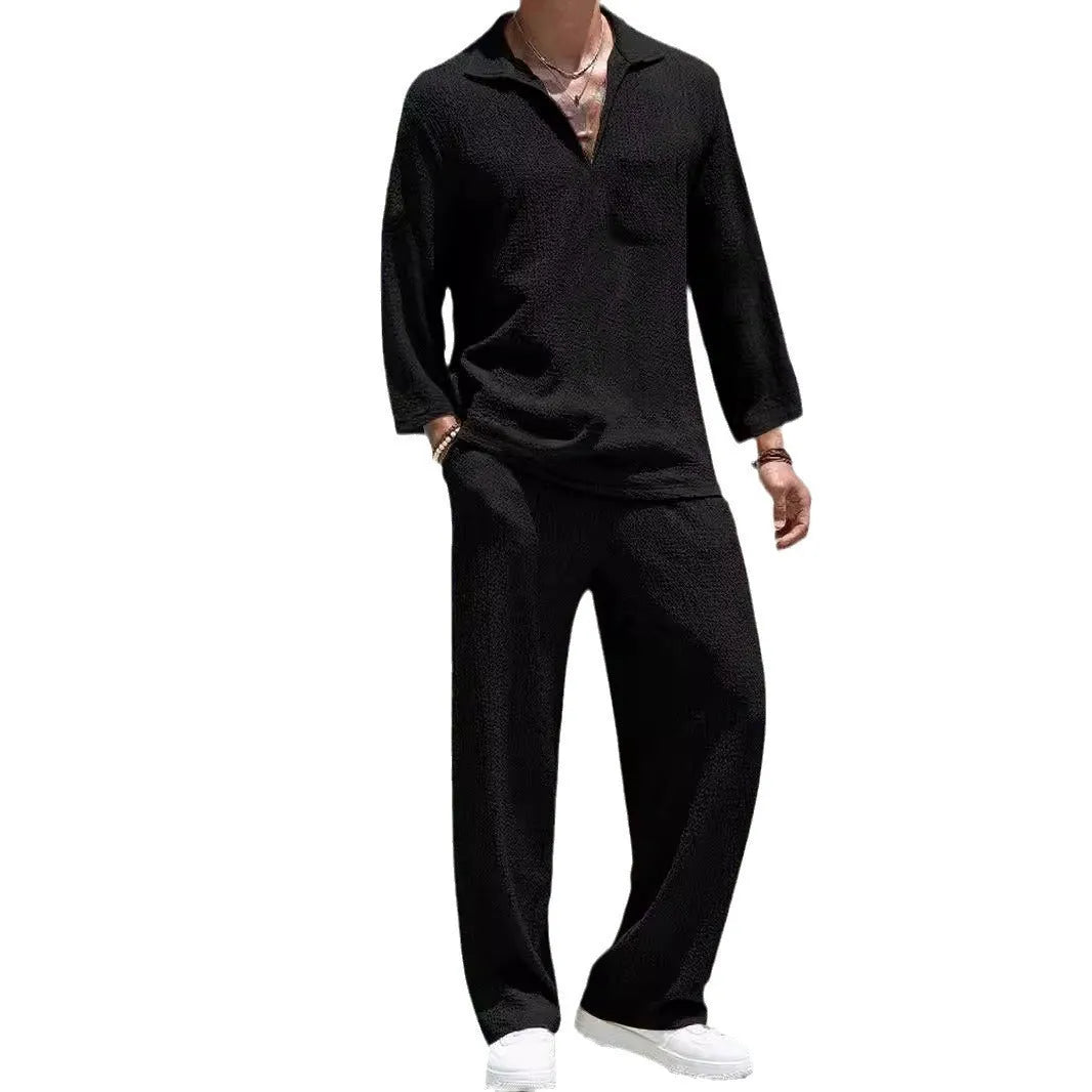 Men's casual commuter suit with shirt-style jacket and matching trousers in polyester fabric