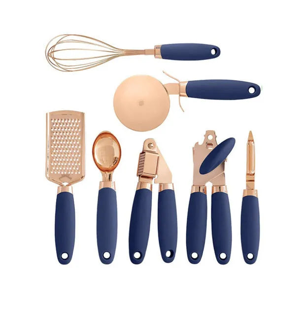 7-piece stainless steel kitchen tool set with copper plating peeler gadget in a cutlery rack on a countertop