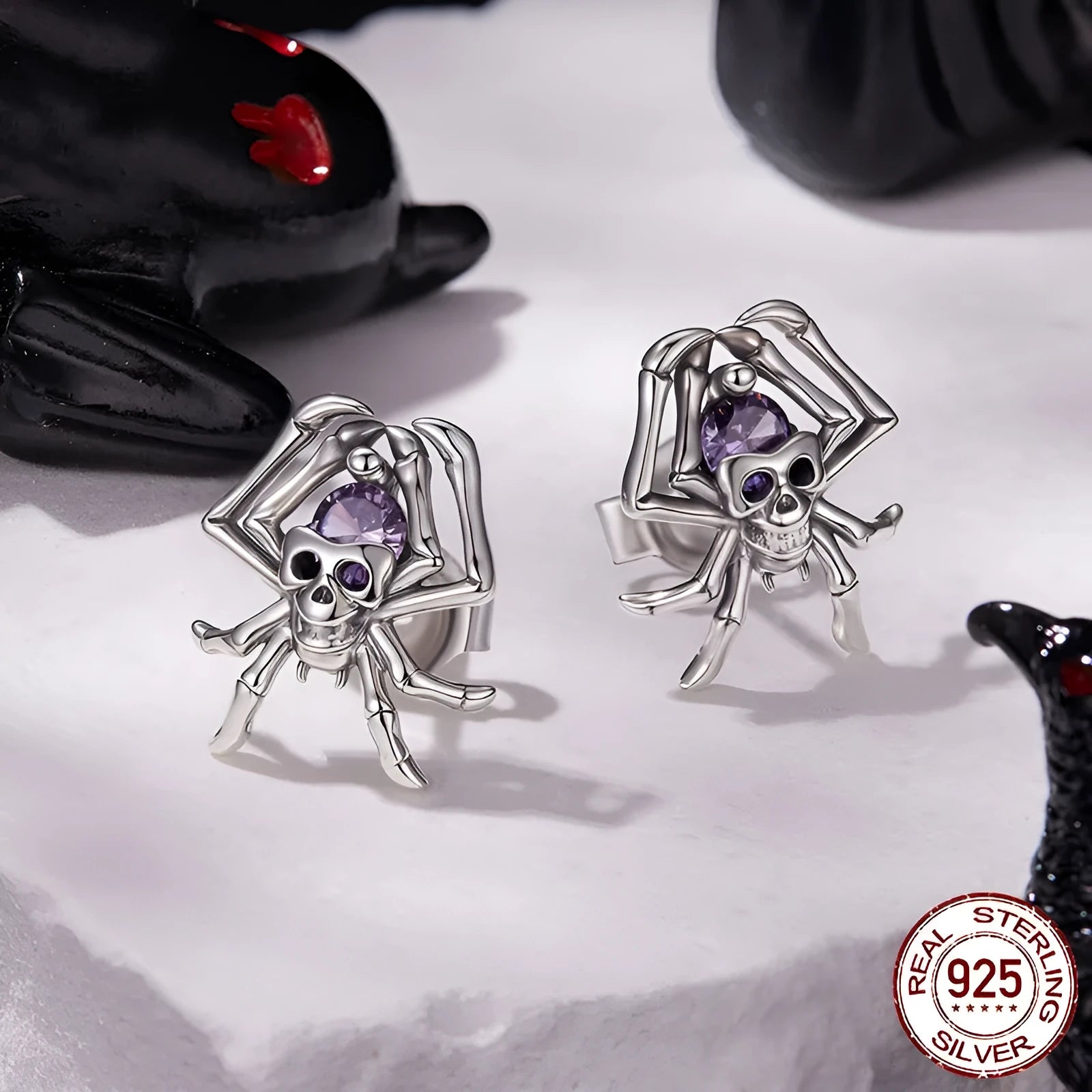 Halloween skull spider stud earrings S925 sterling silver with zircon inlay for women