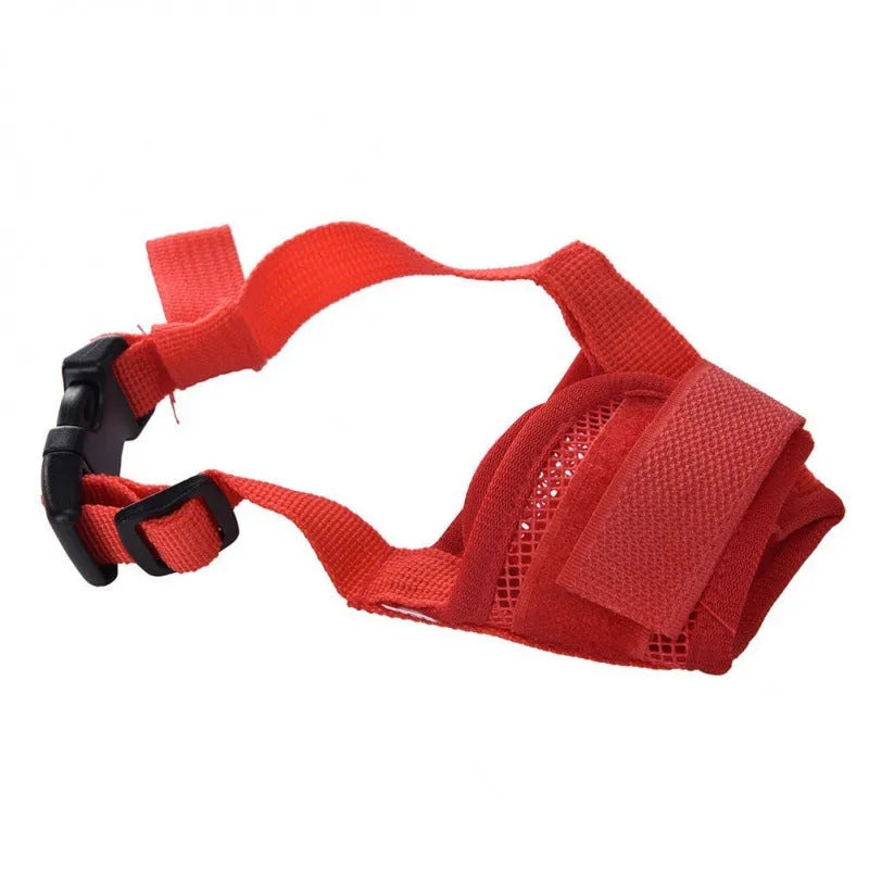A plastic adjustable dog muzzle shown in multiple colours including black, blue, and pink.
