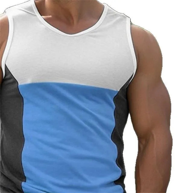 Men's blue cotton blend sports vest for running and summer fitness.