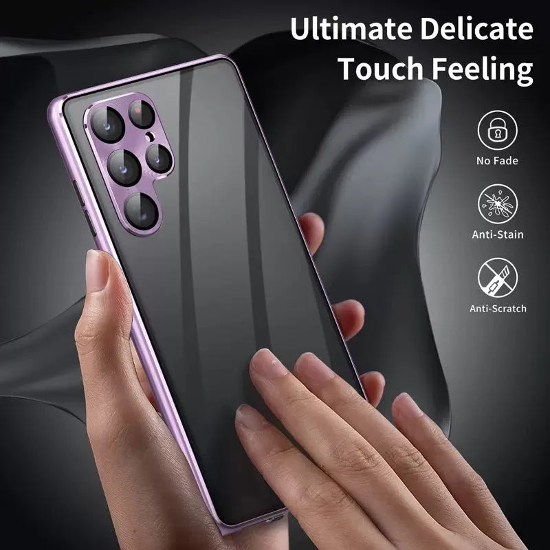 Metal magnetic phone case for Samsung S24 Ultra with a built-in peep-proof mirror in multiple colours.