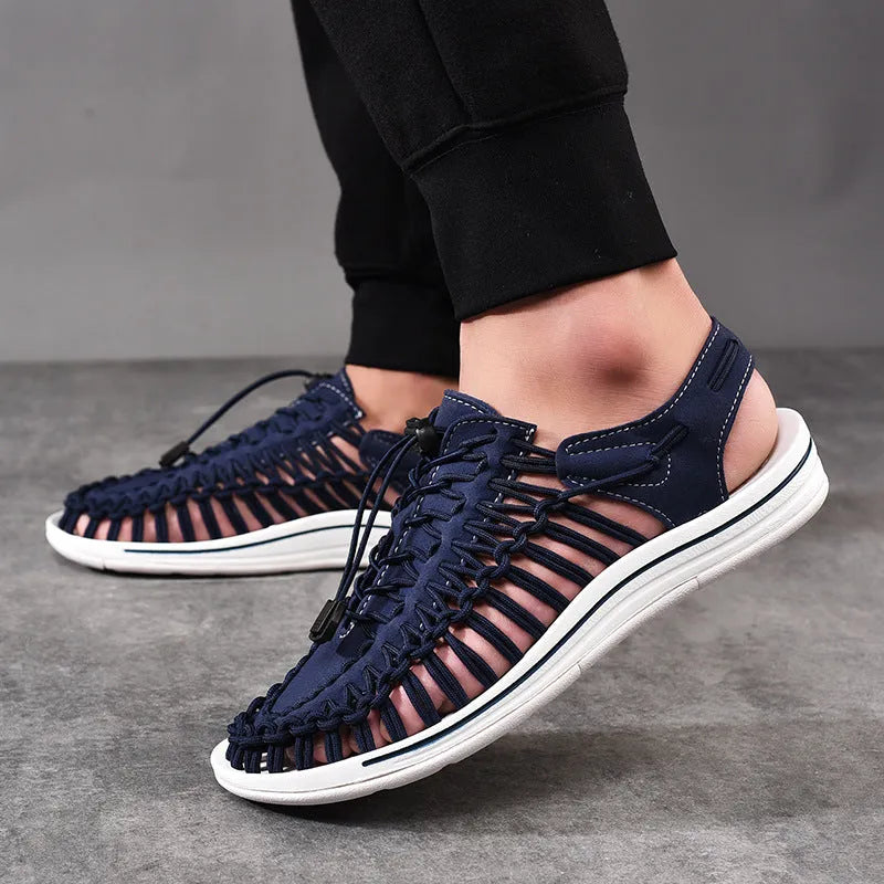 Woven sandals with drawstring tie and rubber sole in multiple colour options