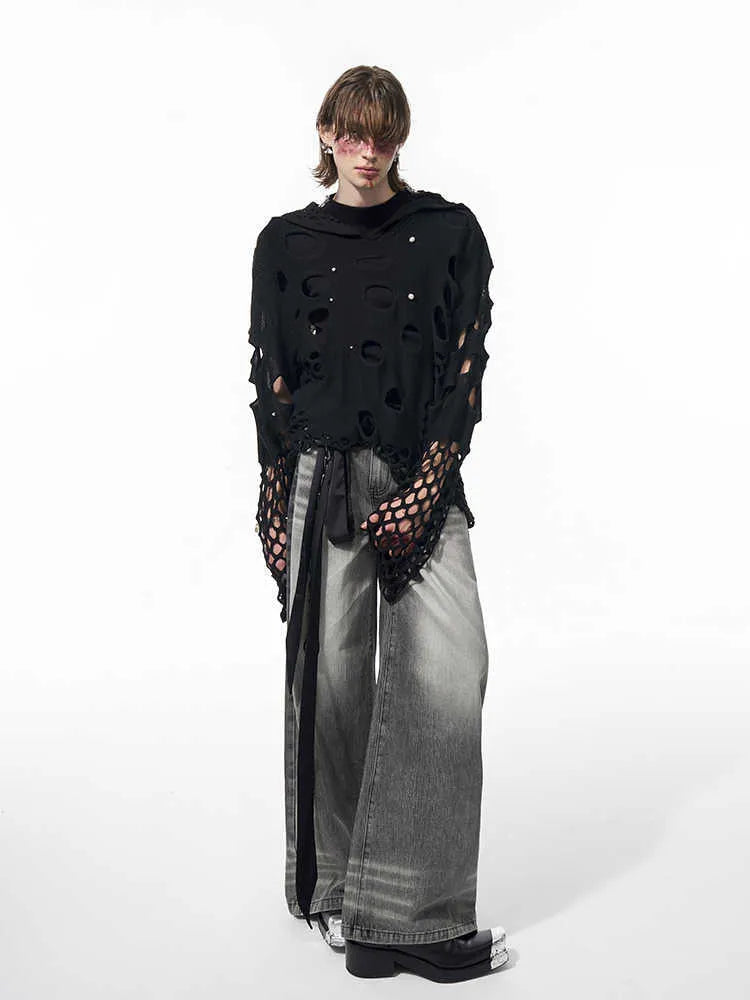 Black men's hooded sweater with pearl decoration and loose fit for spring