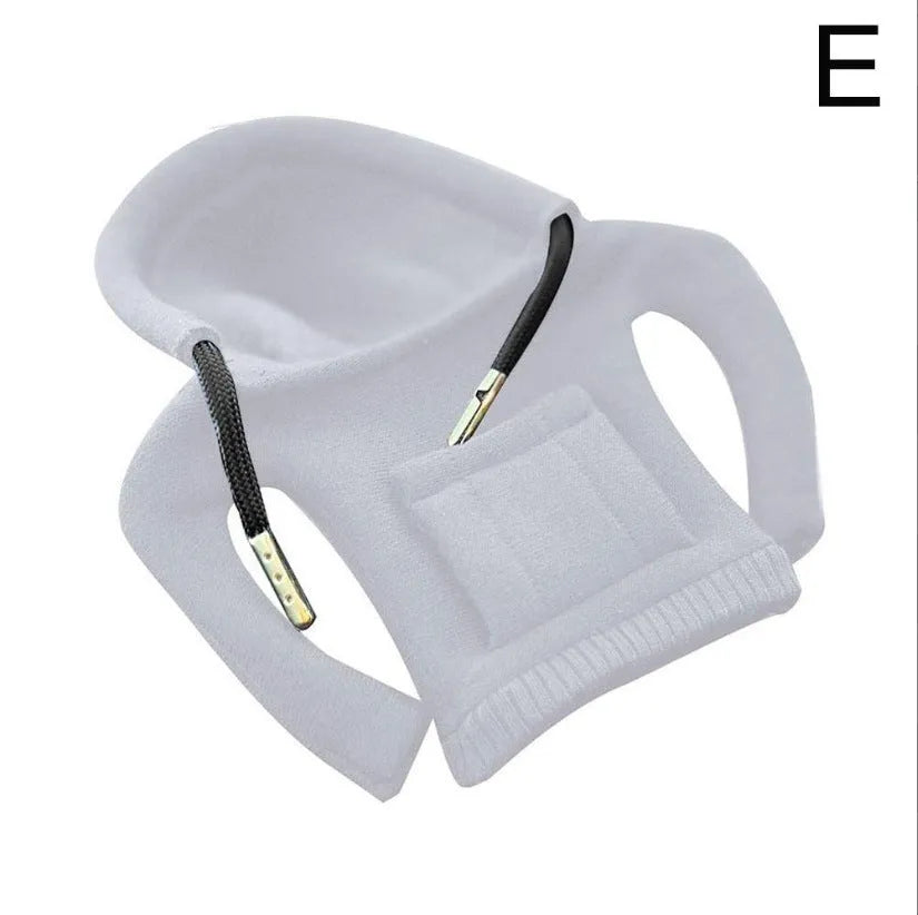 Cloth gear shift knob hoodie cover in assorted colours, shown next to a car gear stick.