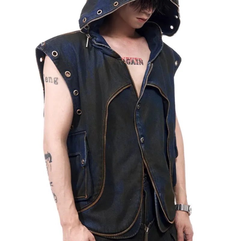 Blue deconstructed Korean-style hooded denim vest and matching trousers laid flat.