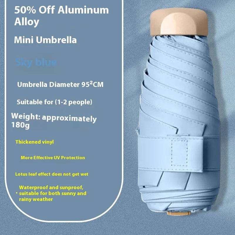 Five-fold compact umbrella with gradient vinyl canopy and manual open handle.