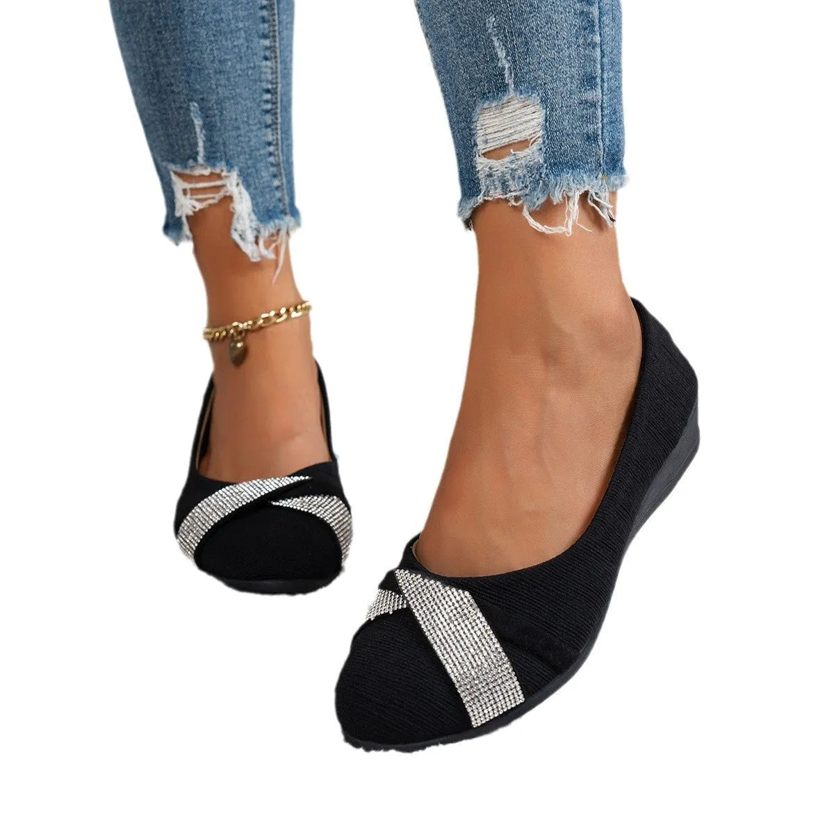 Black women's casual slip-on shoes with rhinestone decoration, round toe, and chunky heel