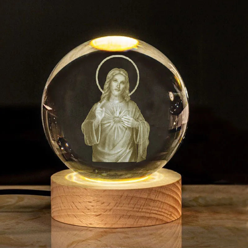 White crystal ball church desk ornament lamp with solid wood warm light base