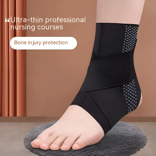 A black Lycra cloth ankle support brace for adults, laid flat to show its sleeve design.
