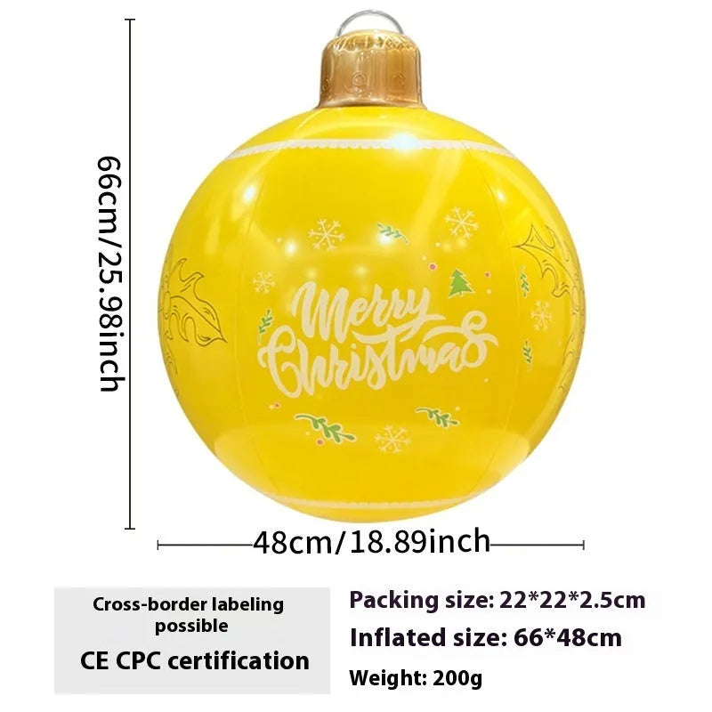 Large red inflatable Christmas ball with flash lights, shown with manual pump, for garden decoration.