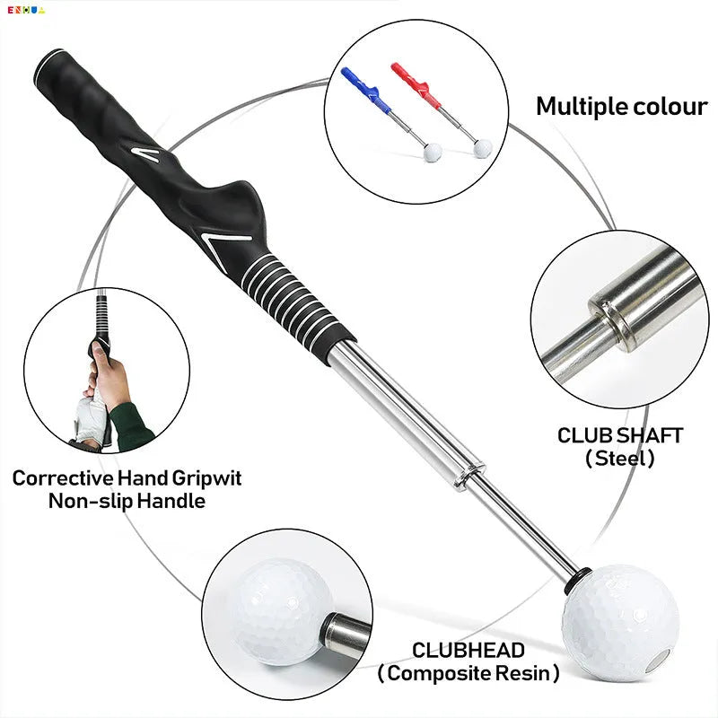 Telescopic stainless steel golf swing trainer in black colour with adjustable positions for practice