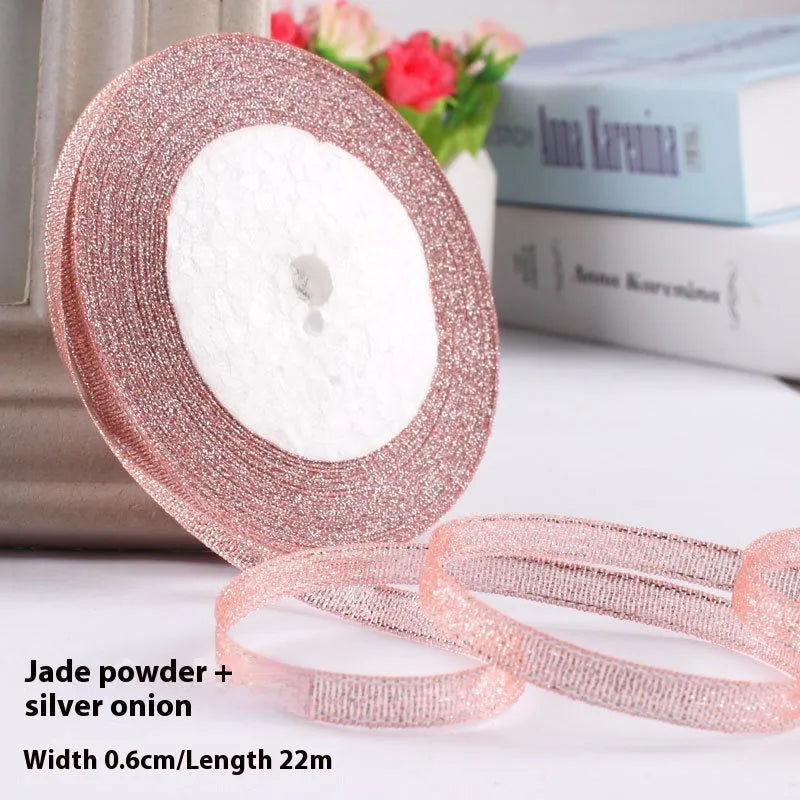 Roll of narrow 0.6cm wide polyester decorative ribbon in multiple colour options including metallic finishes
