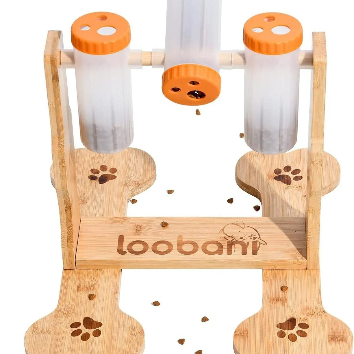 Natural wood colour dog puzzle toy measuring 31x30x20cm with treat dispensing mechanism