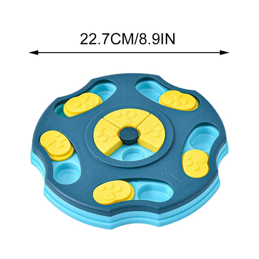 Blue interactive dog puzzle toy bowl with food compartments for slow feeding and brain games.
