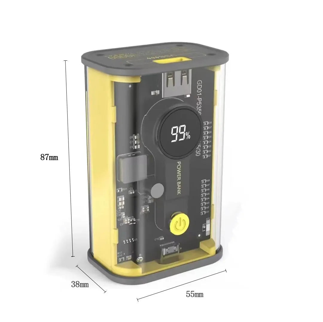 Transparent cylindrical aluminium 10000mAh power bank showing internal batteries with multiple USB ports
