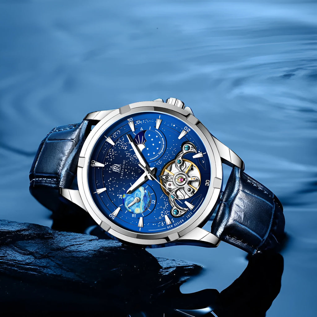 Men's blue automatic mechanical watch with exhibition back showing movement