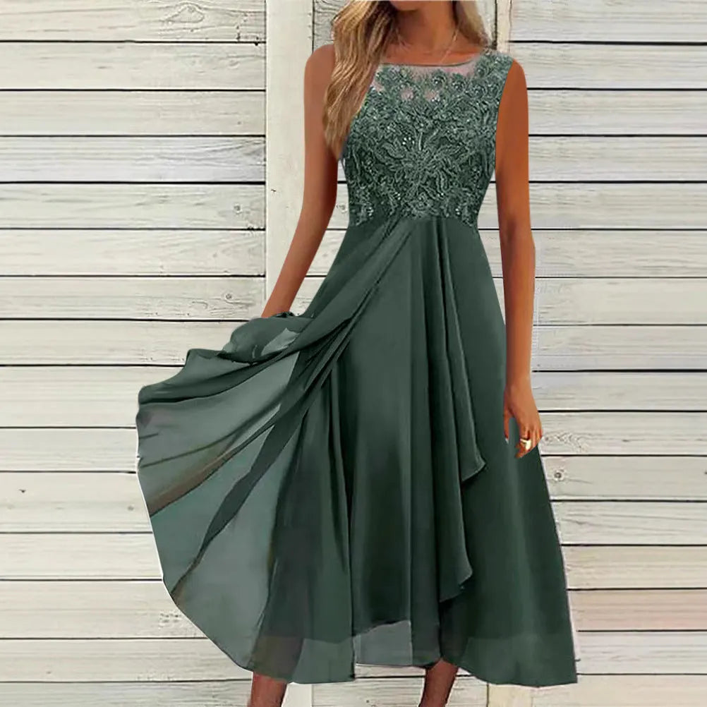 Women's sleeveless chiffon dress with lace hollow-out detailing in green, purple, or blue