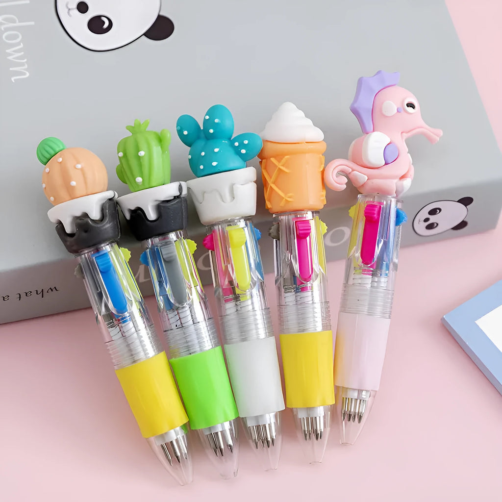 Four-colour press ballpoint pen with random cartoon design showing cactus, fast food, or fruit patterns