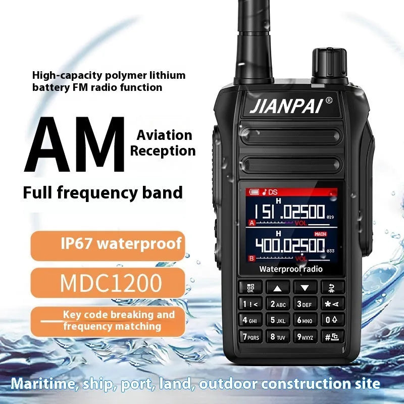 Black Interphone waterproof aviation full band motorcycle communication headset with antenna and accessories.