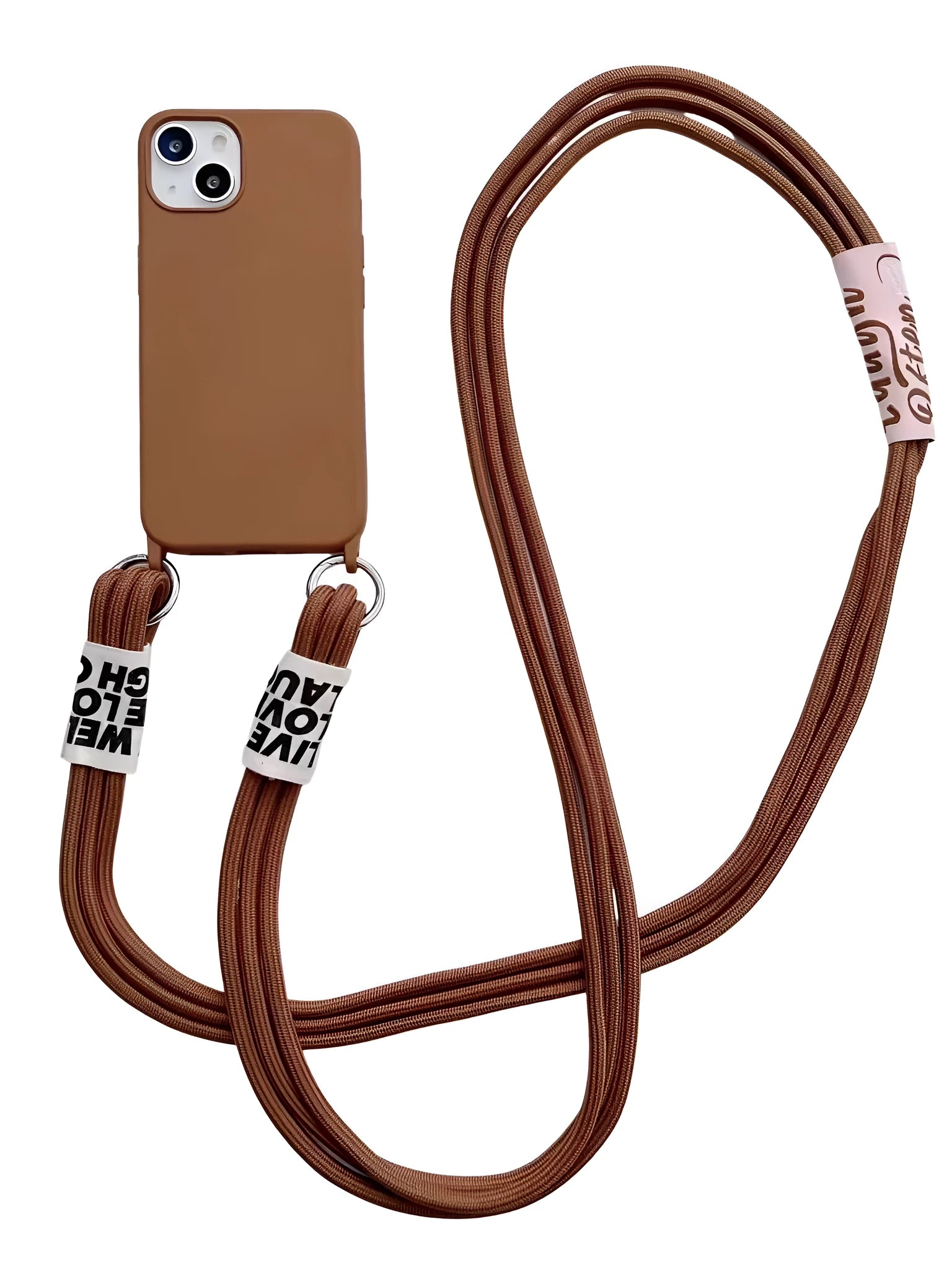 Diagonal lanyard silicone phone case in brown with grey strap for iPhone models