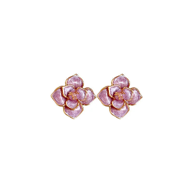 Gold-plated purple oil-spot glaze floral stud earrings with copper construction
