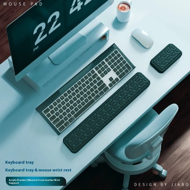 Double-sided computer desk mat with memory foam wrist rest in multiple colour options