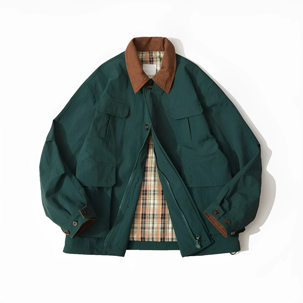Green casual jacket with side seam pockets on a hanger