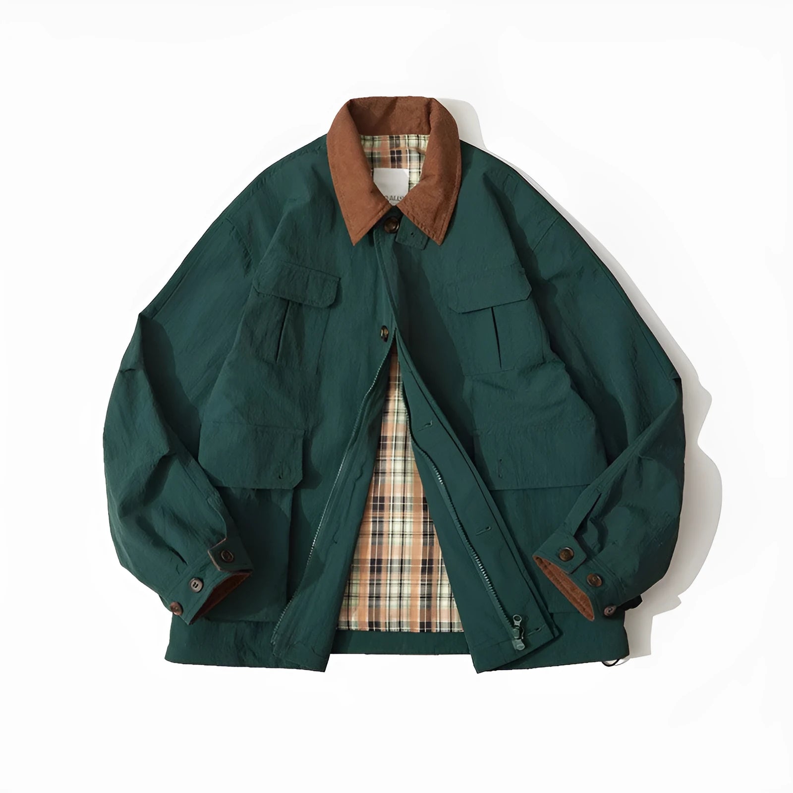 Green casual jacket with side seam pockets on a hanger