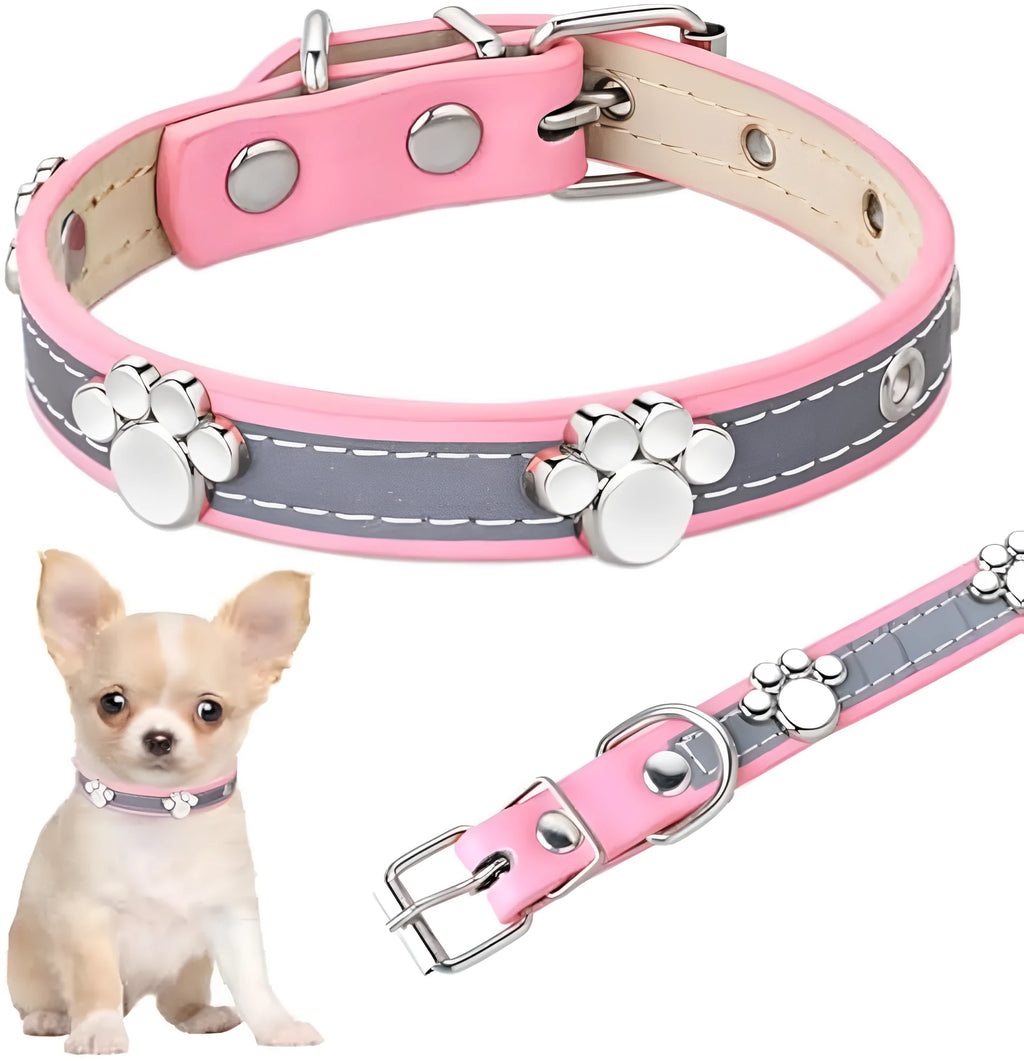 Reflective brown PU leather dog collar with metal buckle and decorative paw-shaped rivet.