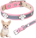 Reflective brown PU leather dog collar with metal buckle and decorative paw-shaped rivet.
