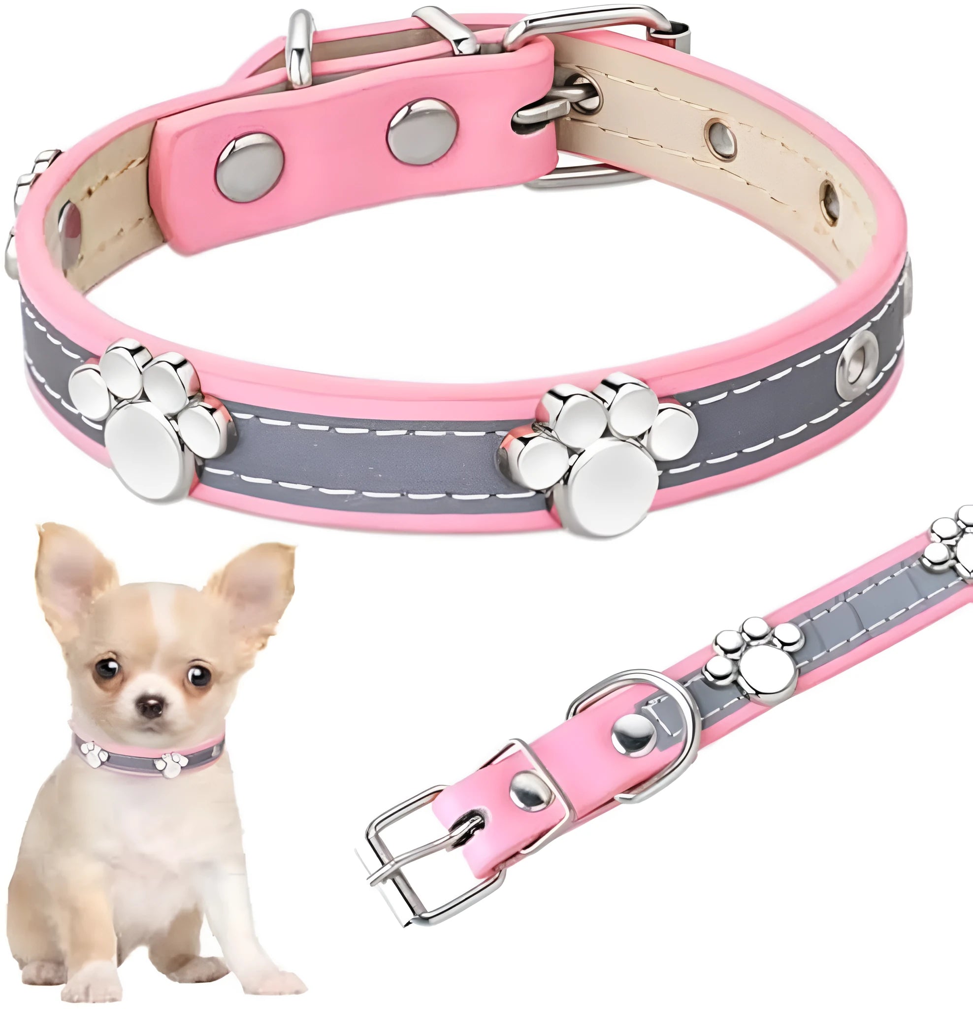 Reflective brown PU leather dog collar with metal buckle and decorative paw-shaped rivet.