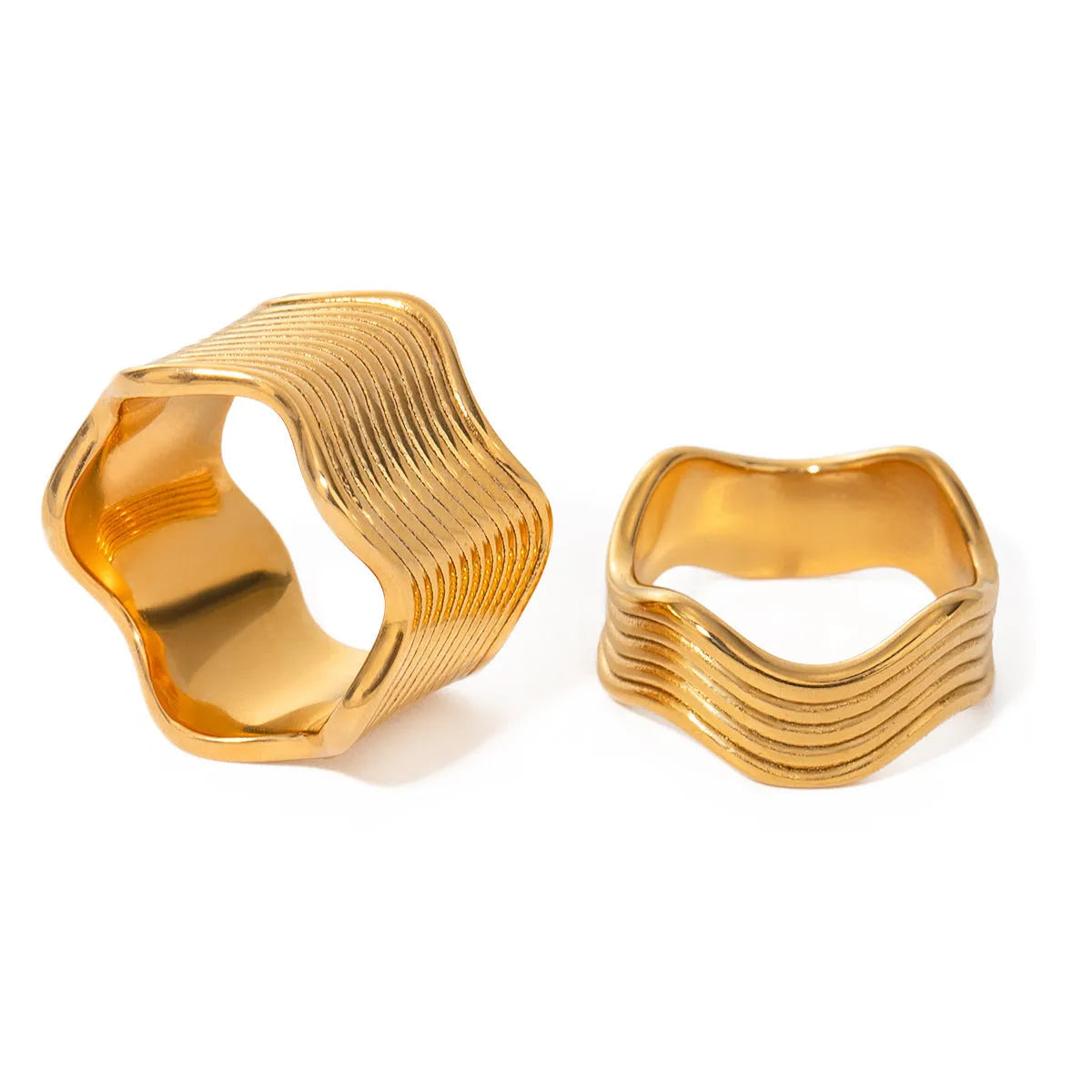 Geometric wave design stainless steel ring with wide surface and electroplated finish