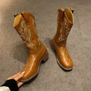 Brown women's embroidered Martin boots with mid-calf height, leather lining and square heel