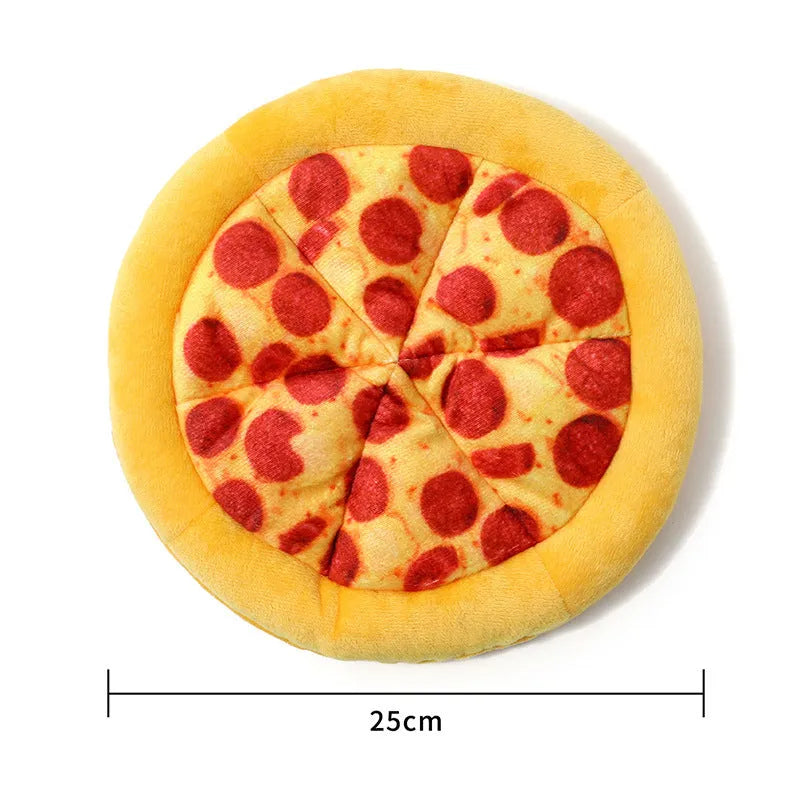 Yellow teddy bear dog toy holding pizza slice squeaky chew toy