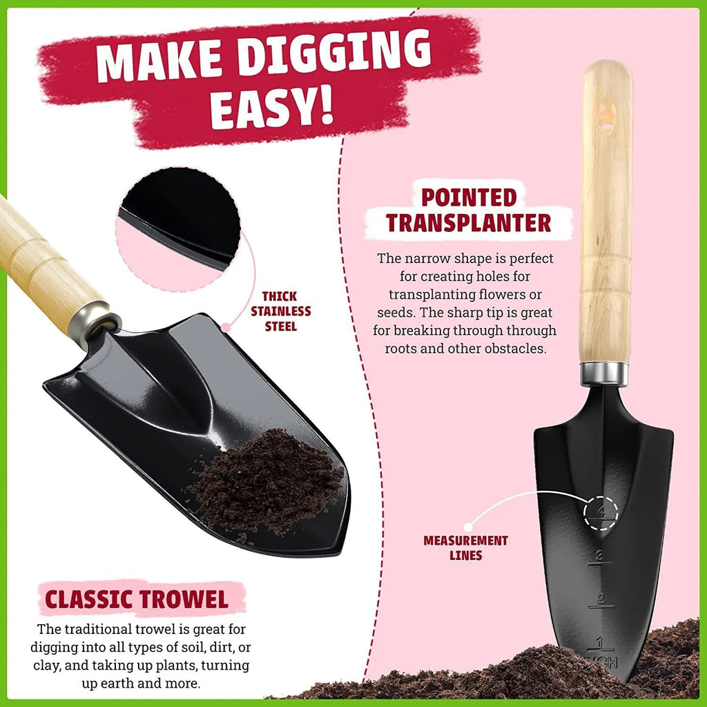 Stainless steel gardening tool set of eight pieces including trowel, weeder, fork, cultivator, snipper, and shovel