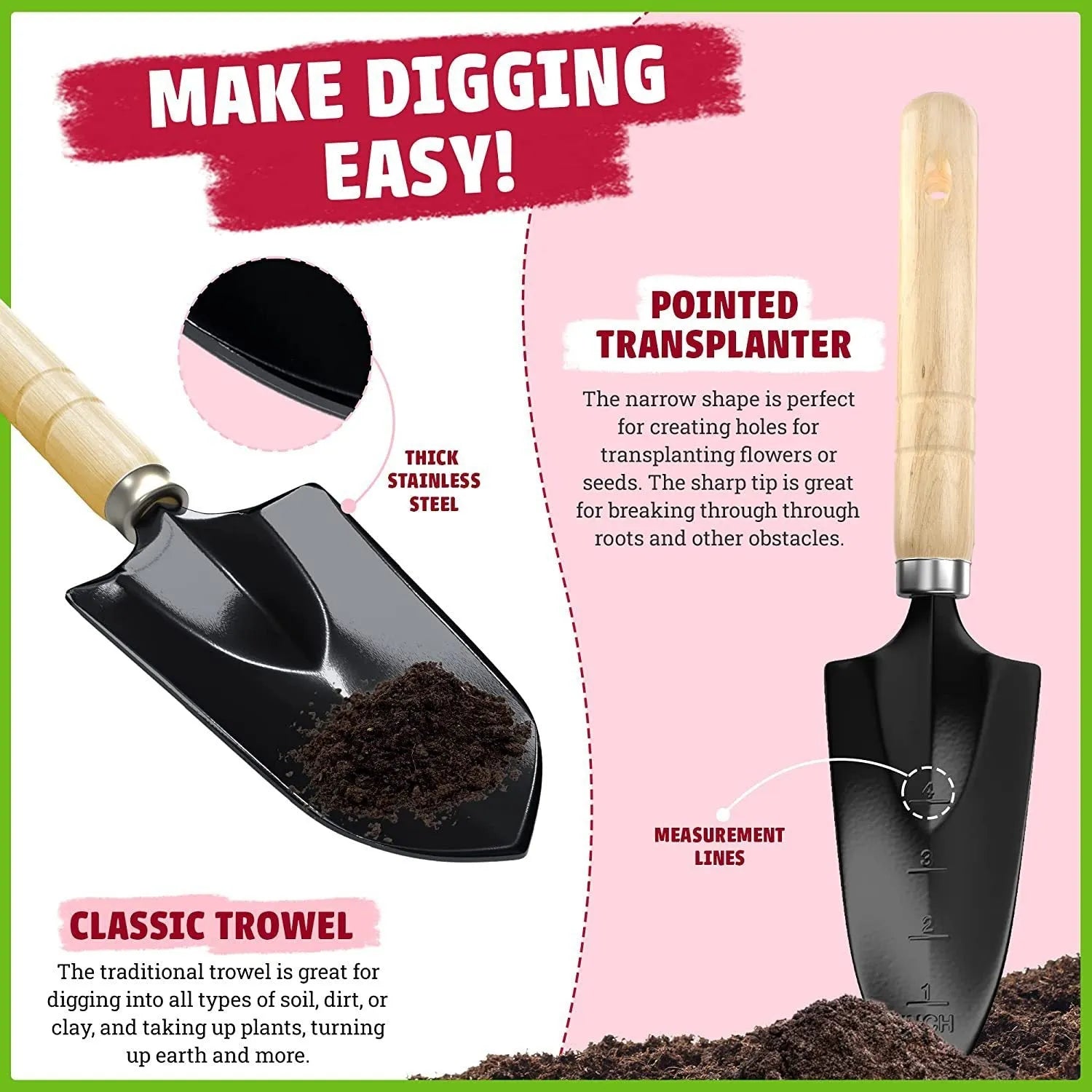 Stainless steel gardening tool set of eight pieces including trowel, weeder, fork, cultivator, snipper, and shovel
