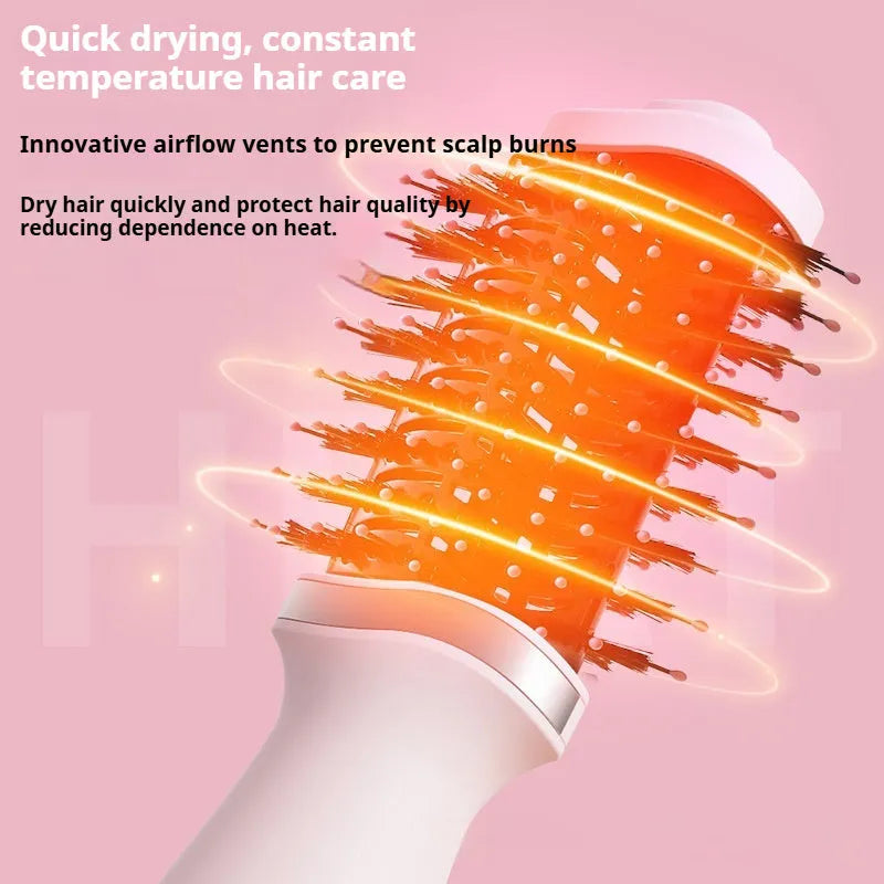 Pink multifunctional hair dryer with integrated styling comb and constant temperature hair care system