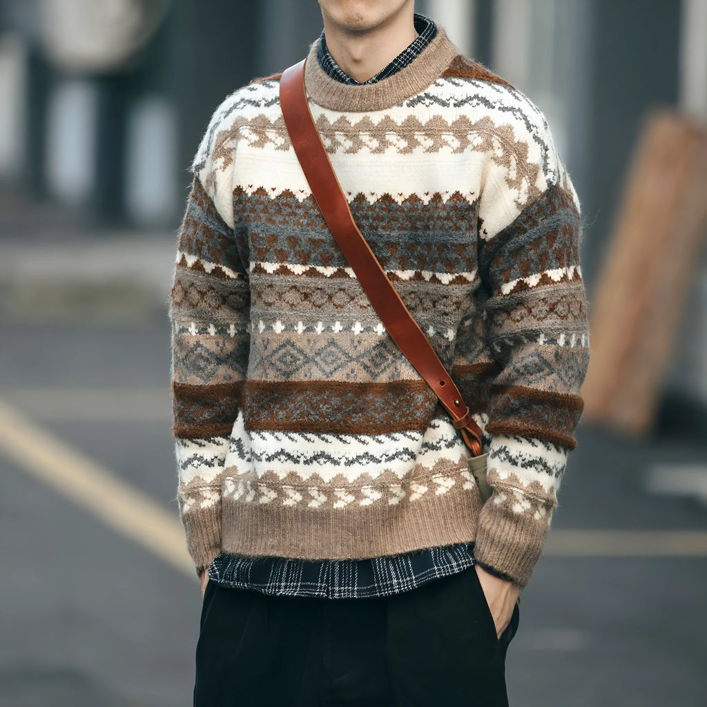 Brown polyester fibre mens pullover sweater with printed design and round neck on model