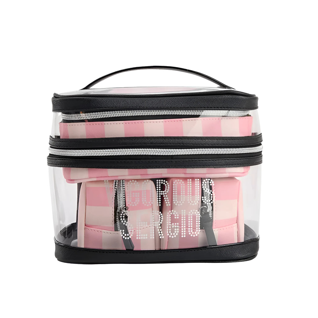 Pink bold stripes floral pattern synthetic leather makeup bag with waterproof function