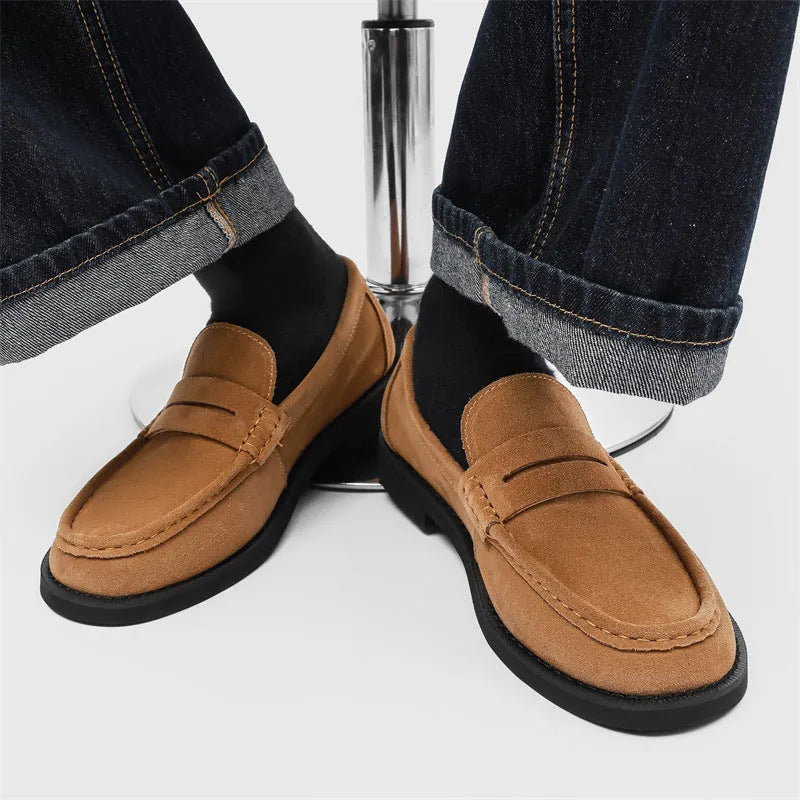Men's slip-on casual loafers in microfiber leather, shown in black, beige, apricot, and brown colour options.