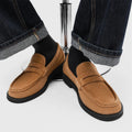 Men's slip-on casual loafers in microfiber leather, shown in black, beige, apricot, and brown colour options.