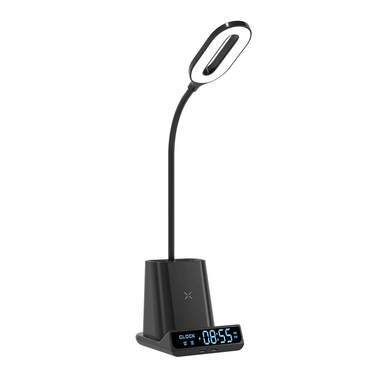 Modern black desk lamp with wireless charging pad, pen holder, and storage box on a desk.
